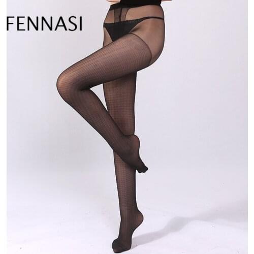 FENNASI Jacquard Plaid Mesh Womens Tights with Plaid Pattern Grid T Crotch Sexy Pantyhose Female Erotic Black Fishnet Tights