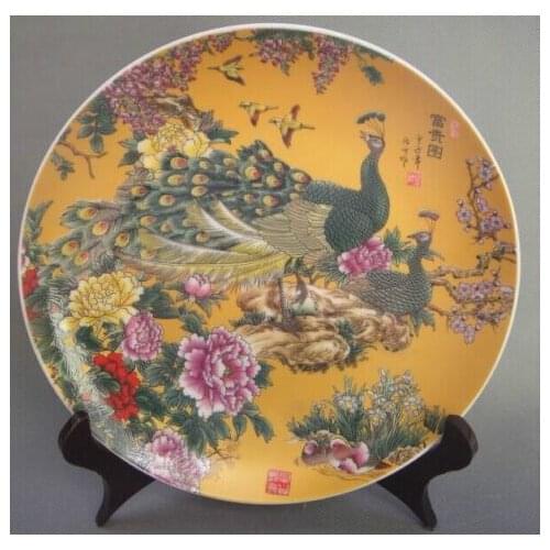 Beautiful Chinese Antiques Famille Rose Porcelain Plates Painted Peacock Qianlong Mark
