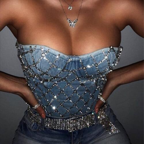 Sexy Women Summer Tank Top Crystal Sleeveless Strapless Adjustable Lady Club Crystal Rhinestone Cami Crop Tops 2020