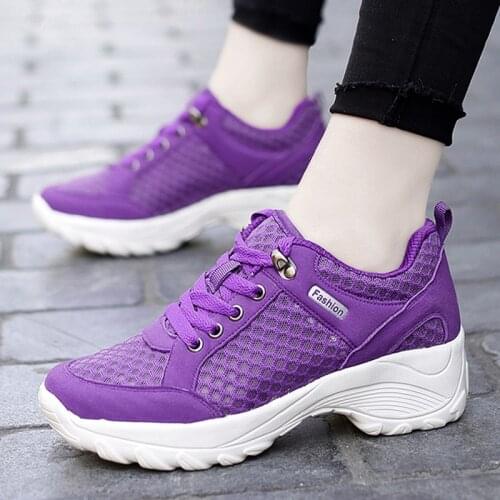 Purple Women Walking Shoes Summer Platform Wedge Sneakers Breathable Mesh Gym Modern Dance Shoes Increase Height Ladies Shoes