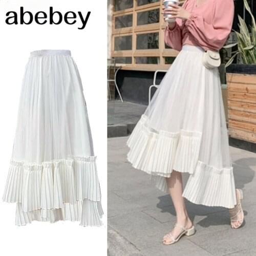 White skirt pleated mesh sweet cute asymmetrical long skirt high waist black casual daily wear chic patchwork skirt new