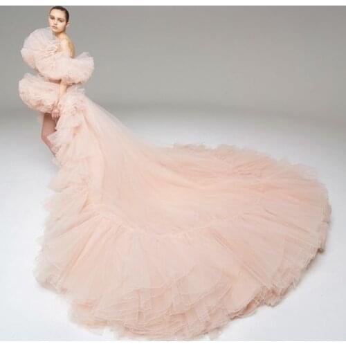 Fashion Peach Pink High Low Tulle Women Formal Event Party Dresses With Detachable Train Ruffles Tulle Prom Gowns