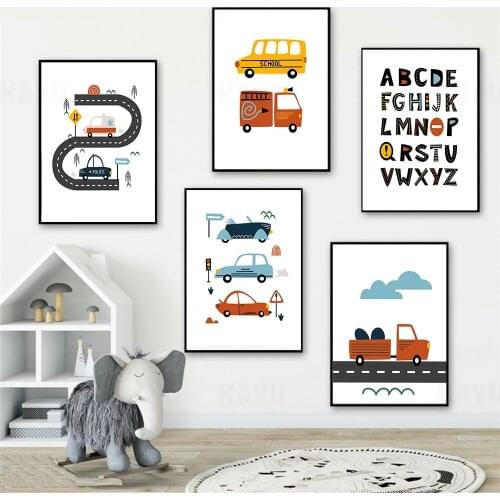 Cartoon City Car Club Canvas Print Nursery Wall Art Painting Alphabet Poster Nordic Kids Room Print Wall Pictures Boy Room Decor