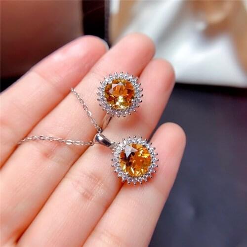 Natural Citrine Jewelry Set 8MM Yellow Gemstones Ring Genuine Crystal Pendant Classic Style Real 925 Sterling Silver Necklace