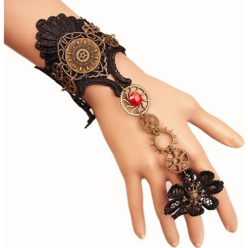 Newest Arrival Black Lace and Various Gear Parts Finger Connected Gothic Steampunk Bracelet