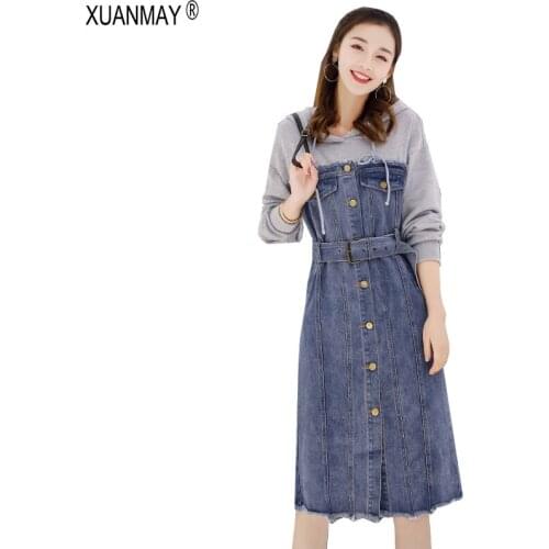 Autumn Long-sleeved Denim dress 2021 Student wear Light gray dress Korean version hooded Long style Cardigan Autumn Dress female
