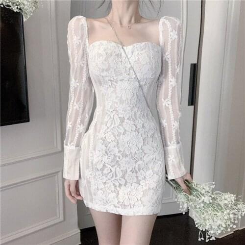 Mini Sexy Lace Dress Zipper Back 2021 Spring French High-End Luxury Aristocratic Temperament White Slim Female With Built-In Bra