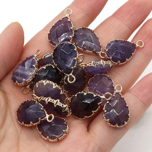 Natural Stone Amethyst Pendant Retro Drop-Shaped Single-Hole Charm for Jewelry Making DIY Necklace Accessories Ms Gift 14x23mm