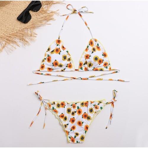 Sexy Micro Bandage Swimsuit Women Print Sunflowers Swimwear Mini Brazil Beach Biquini Female Strappy Bathing Suit