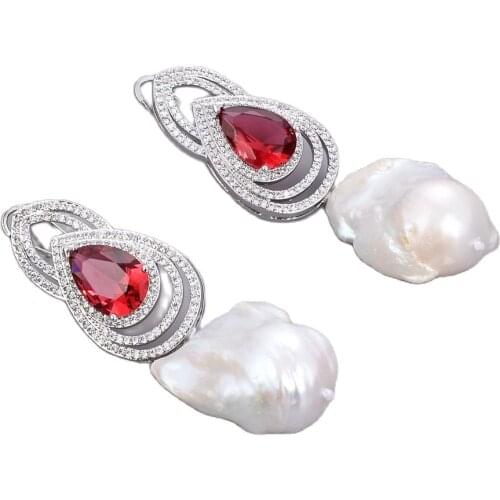 JK Cultured White Keshi Pearl Red Czcubic zircon Rhinestone Earrings
