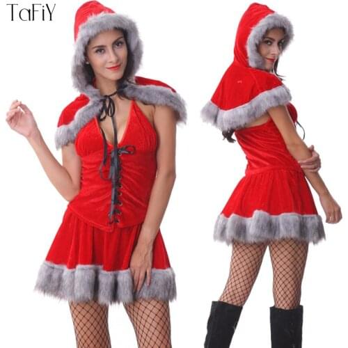 TaFiY New Year New Arrival Sexy Christmas Costumes For Women Red Top+Skirt+Hat 3pcs Santa Claus for Adults Uniform Xmas Costume