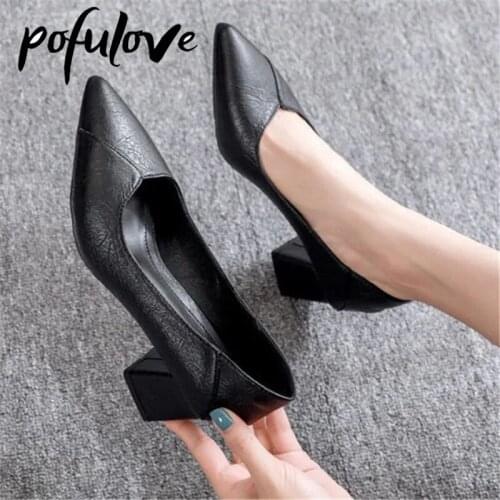 Pofulove Black Heels Women Shoes Square Heel Leather Shoes Thin Heel Pumps Zapatos De Mujer Fashion Designer Office Ladies Shoes