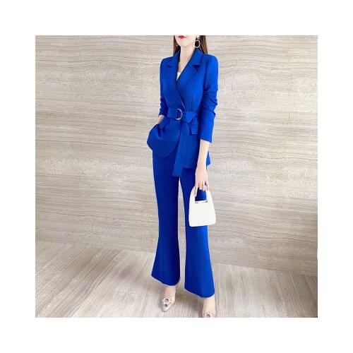 Spring High end professional blue suit suit women fashion temperament leisure coat + wide leg pants OL two piece set women NEW
