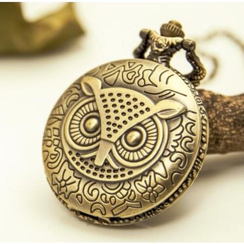 Vintage Bronze antiques owl Fashion quartz Modern clock Good quality steampunk Necklace pocket watches gift