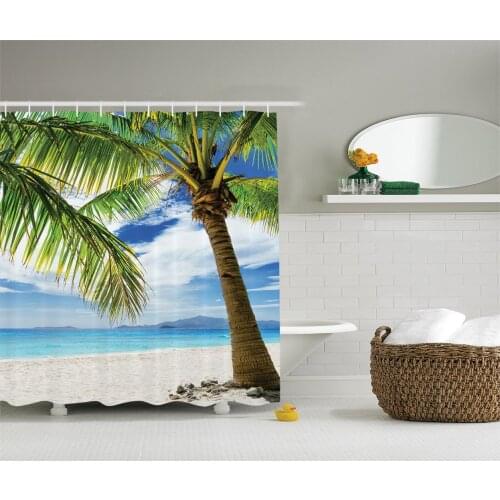 Ocean Shower Curtain Palm Tree Decor Sand Beach Isolated and Philippines Hot Coastline Lonely Tree Photos Print Bath Curtains