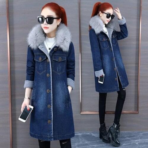 Womens Denim Jacket 2021 Winter Mid-length Thick Plus Velvet Faux lamb wool Jeans Jacket Women Casual All-match Windbreaker