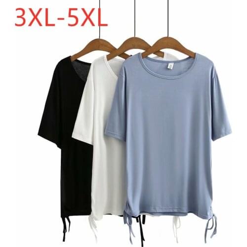 New 2021 Ladies Summer Plus Size Tops For Women Large Short Sleeve Loose Cotton Blue Drawstring O-neck T-shirt 3XL 4XL 5XL