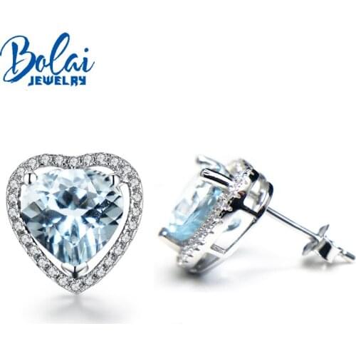Bolaijewelry,2018 hot Heart shaped Sweet Romantic natural aquamarine gemstone earring 925 sterling silver fine jewelry women
