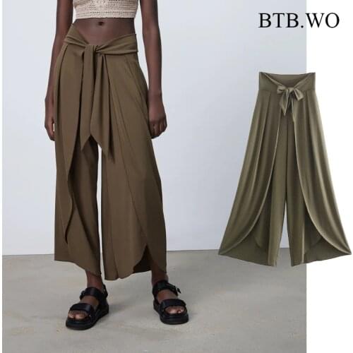BTB.WO New Women Vintage Za 2021 Fashion Office Wear Wide Leg Pants Vintage High Waist Female Business Split Trousers
