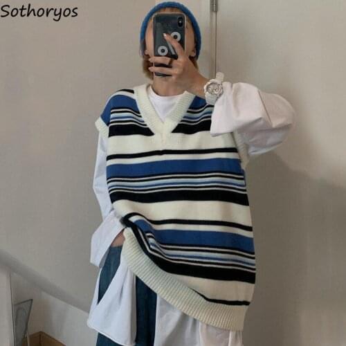 Striped Sweater Vest Women Retro Preppy Loose Unisex Soft Couple Fashion Leisure All-match Females Jumpers Korean Style Popular