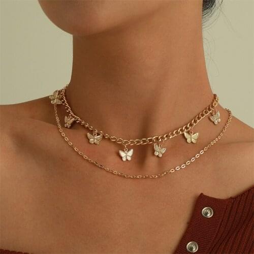 Punk Double Layer Necklace For Women Butterfly Pendant Chain Short Choker Charm Necklaces Trend Party Jewelry Gift Collier