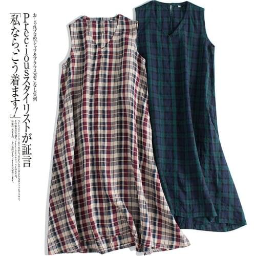 Summer Women Loose Mori Girl Japan Style Plaid Comfortable Water Washed Linen Pullover Sleeveless Pinafore Sleeveless Dresses