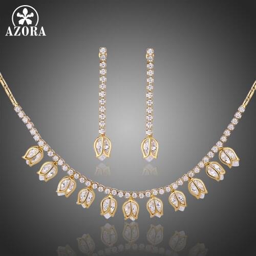 AZORA Fashion Lotus Pendant Necklace and Dangle Earrings Jewelry Sets With High Level CZ Rhinestones Women Jewelry TG0259