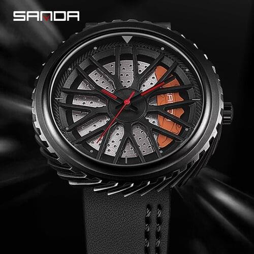 SANDASANDA style Classic precision Fashion Mens Quartz watch 3D Racing tire Free Leather strap Clock Casual Sports Wheel watch