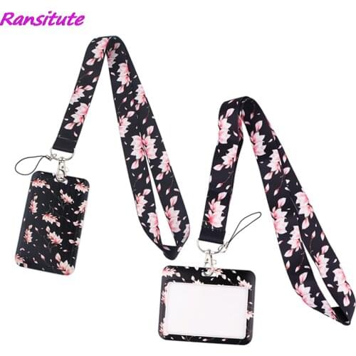 Ransitute R1547 Cherry Blossoms Fashion Lanyard ID Card Holder Bus Pass Case Cover Slip Bank Credit Card Holder Strap Cardholder