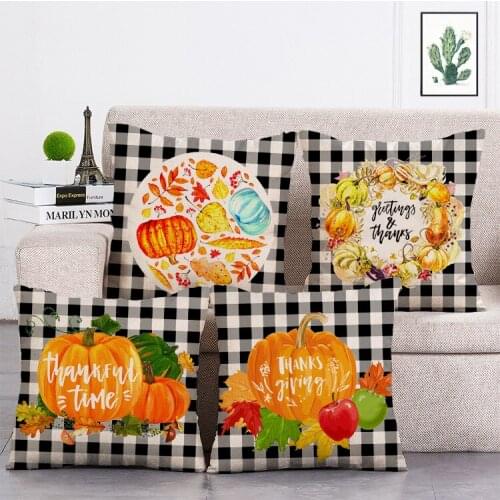 Black White lattice Thanksgiving pumpkin Printed Cushion Cover Linen Throw Pillow Car Home Decoration Decorative Pillowcase T499