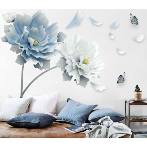 COVPAW Wall Stickers Peony Blue White Living Room Decorations Wallpaper Home Decor Wall Decals Bedroom Removable Mural Poster