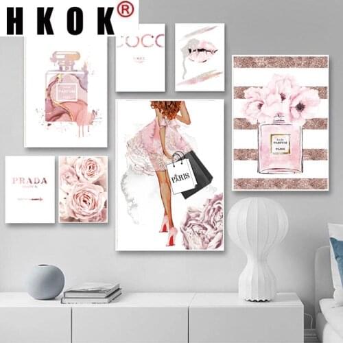 HKOK Fashion Poster Perfume Bottle Canvas Prints Peony Flower Wall Art Painting Watercolor Lips Pictures Modern Girl Room Decor