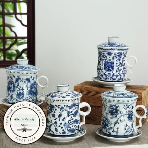 Chinese traditional cups Tea cup with cover Lid Saucer blue and white porcelain Teacup Pottery Ceramic coffee mug tea set