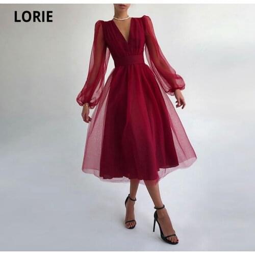 LORIE Burgundy Short Evening Dresses 2021 Formal Tulle Prom Party Gowns V-Neck Puffy Long Sleeves A-line Beach Princess Dress