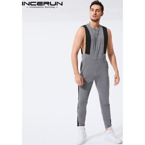 INCERUN Fashion Men Jumpsuits Patchwork Sleeveless Zipper Fitness Casual Rompers 2021 Streetwear Cozy Pockets Men Overalls S-5XL