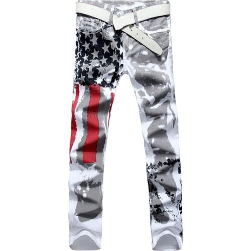Mens American Flag Print Jeans White Slim Stretch Denim Pants Plus size Painted Trousers