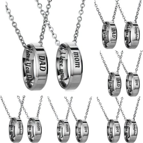 2PC Mom Dad Son Daughter I Love You Circle Round Pendant Family Necklacae Charm Chain Birthday Mothers/ Fathers Day Gifts New