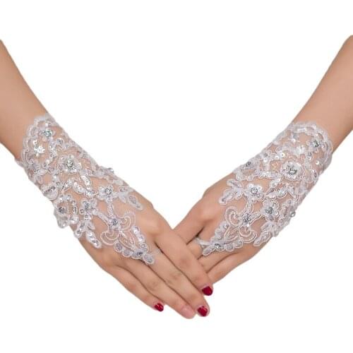Latest Short Lace Bridal Gloves Crystals Beads Hollow Diamond Fingerless Mesh Women Wedding Gloves Ivory White Color