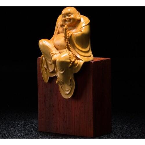Boxwood 10cm Maitreya Sculpture Wood Carving Buddha Statue Laughing Buddha Home Decor