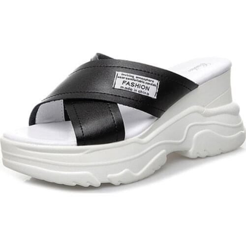 Woman High Heels Slippers Casual PU Leather Platform Shoes For Woman 2019 Summer Slippers Beach Shoe Women Wedge Shoes Slipper