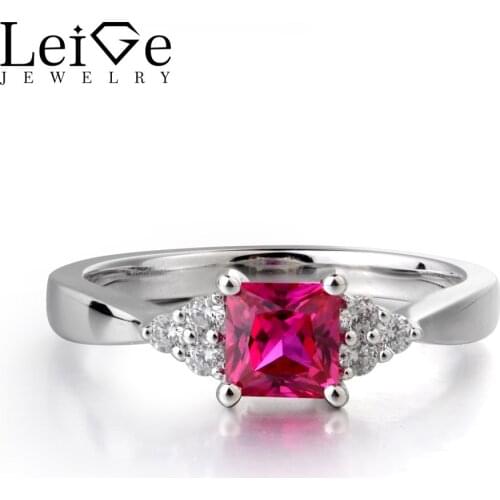 Leige Jewelry Red Ruby Gemstone 925 Sterling Silver July Birthstone Princess Cut Engagement Rings Romantic Gifts For Woman