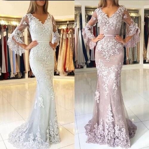 Lilac Vintage Long Sleeve Evening Dresses Tulle Mermaid Floor Length Lace Appliqued Prom Gowns V Neck Custom Made Sage Evening G