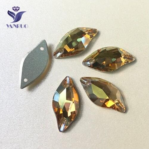 YANRUO 3254 9x20mm Metallic Sunshine Diamond Leaf Gold Stones Crystal Strass Flat Back Sew On Rhinestones For DIY Crafts