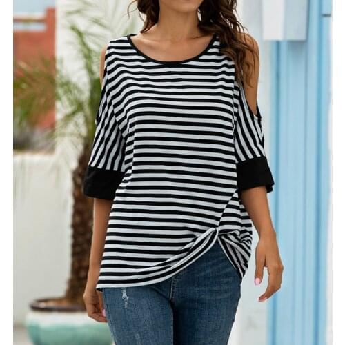 Summer New Stripe Off Shoulder T Shirt Women Clothes O Neck Half Sleeve Casual Streetwear Ladies Tops Plus Size Tee Shirt Femme
