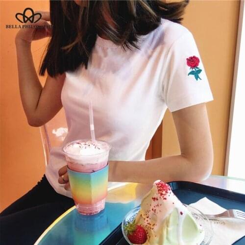 Bella Philosophy 2018 women summer shoulder rose embroidery short sleeve cotton tee Tshirt