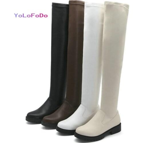 2021 Autumn Winter Women Over the Knee Boots PU Leather Comfortable Square Heel Ladies Stretch Boots Slip on Round Toe Boots