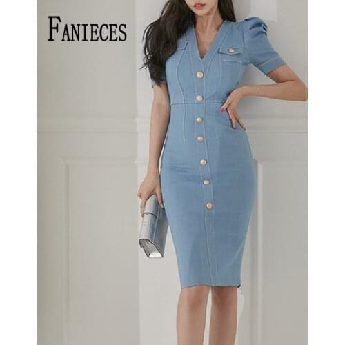 FANIECES French Bodycon Dress Puff Short Sleeve V Neck Single Breasted Dresses For Women Summer Elegant Office Lady Vestidos