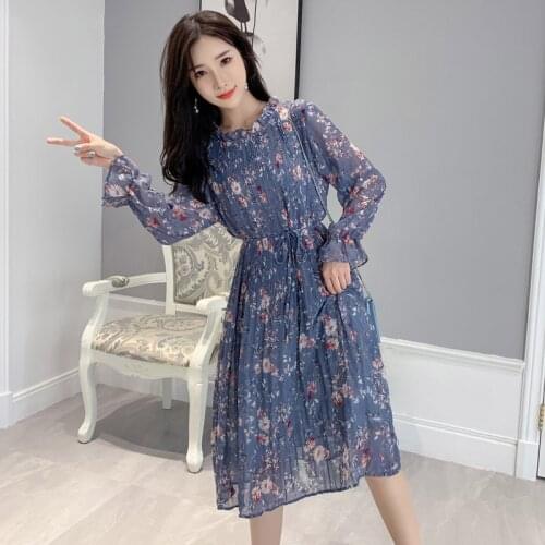 Bella pholosophy O-neck Floral Chiffon Women Dress Flare Sleeve A-line Dress Femme Floral Printed Female Mid-length Vestidos