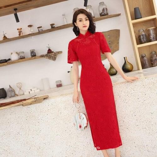 Women Vintage Button Trim Exquisite Novelty Cheongsam Elegant Butterfly Sleeve Improved Lace Qipao Mujer Red Chinese Slim Dress