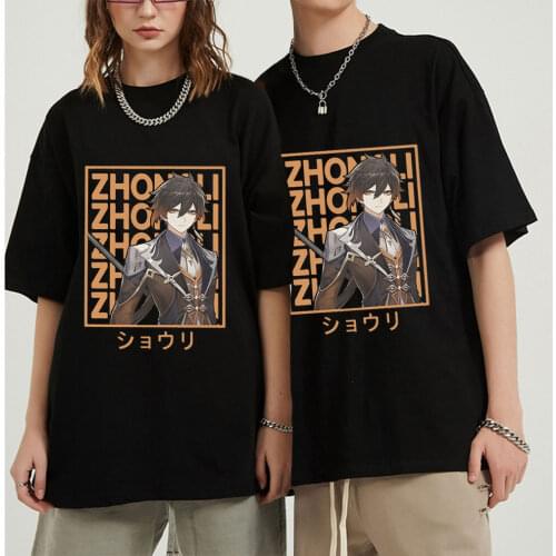 Zhongli Genshin Impact Action Role-playing Game Clothes Print T Shirt Crewneck Cotton TShirt Big Size for Men Streetwear